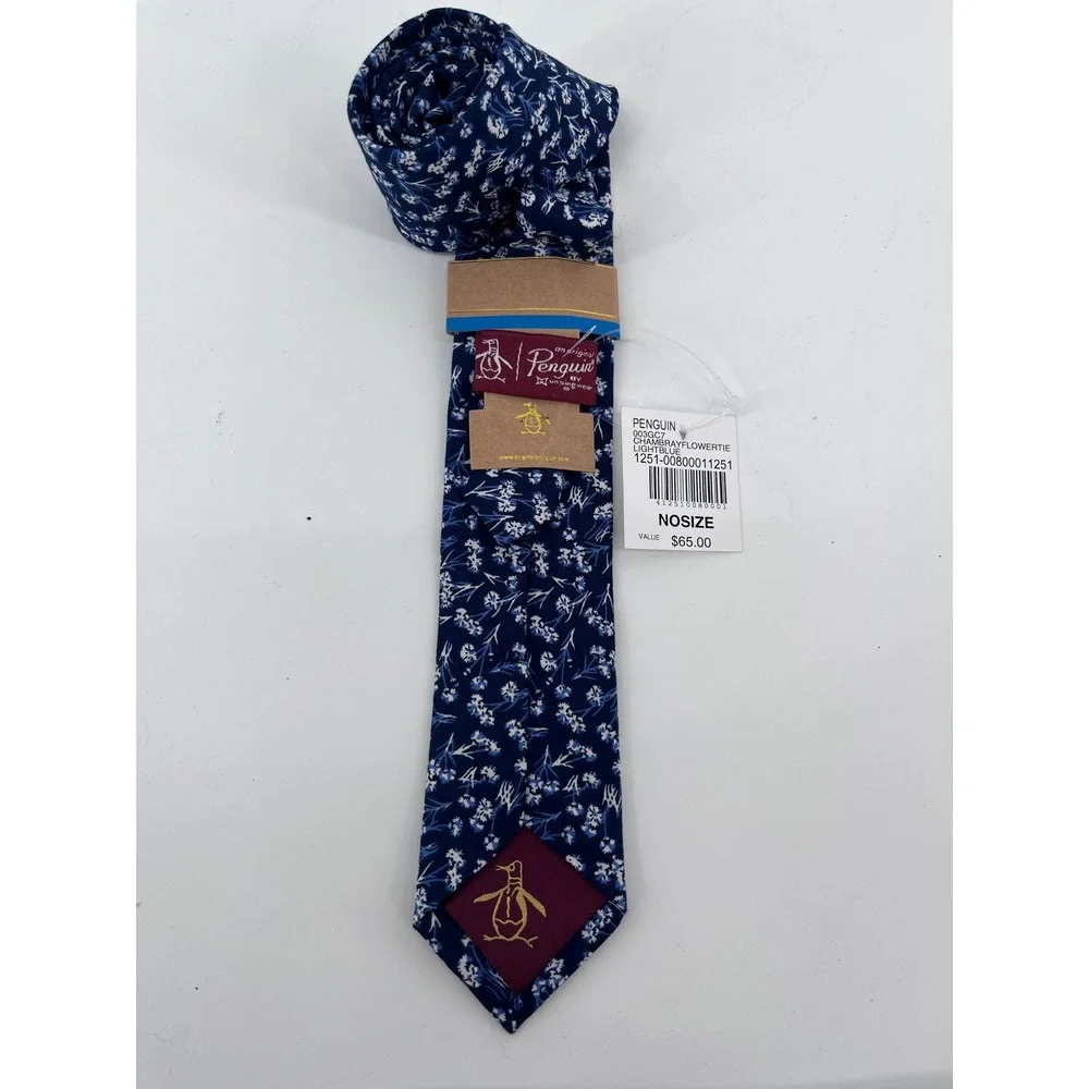 Original Penguin Mens Chambray Floral Skinny Tie Navy Blue White Cotton 003GC7
